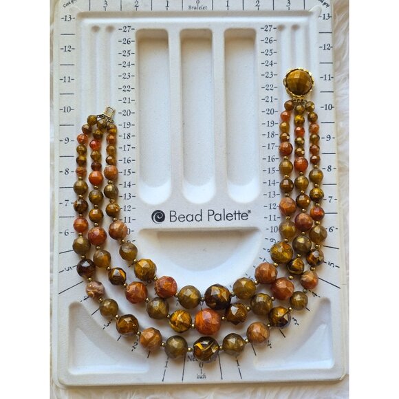 Vintage Multi-Strand Amber & Brown Beaded Choker Necklace With Gold-Tone Clasp - Picture 3 of 16
